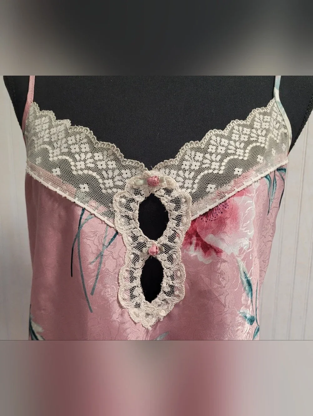 90s Vintage Angelique Pink Floral Jacquard Nightie Size Medium - Picture 5 of 11